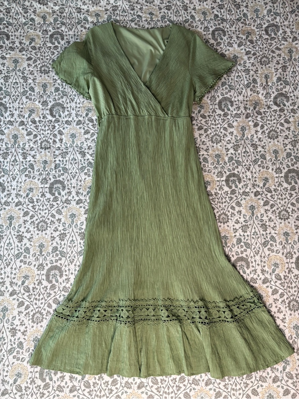 Olive Green V-Neck Midi Dress with Lace Trim